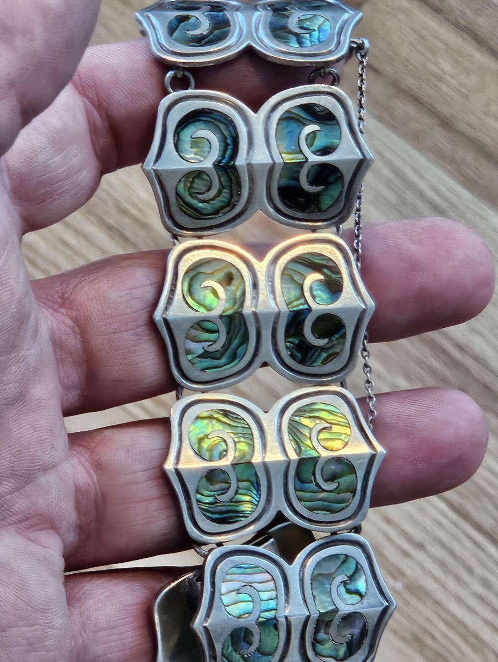 Vintage MCM Miguel Taxco Sterling Silver Abalone Shell Link Bracelet 1.5" Wide
